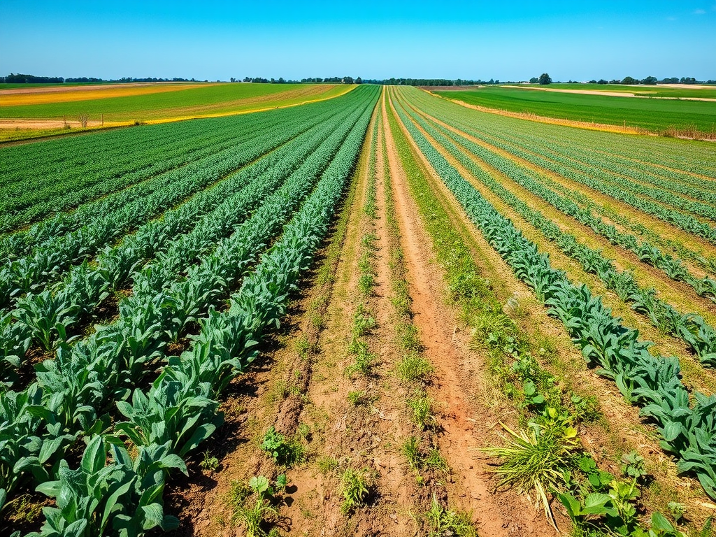 A vast agricultural field with neatly arranged rows of green plants under a clear blue sky.