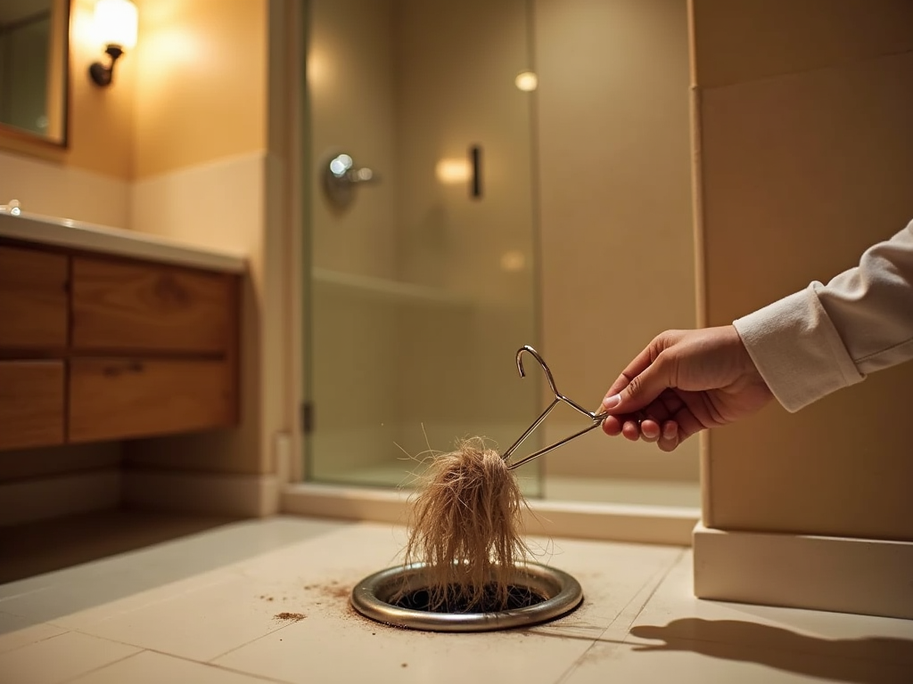 Person using a tool to remove clumped hair from a bathroom drain.