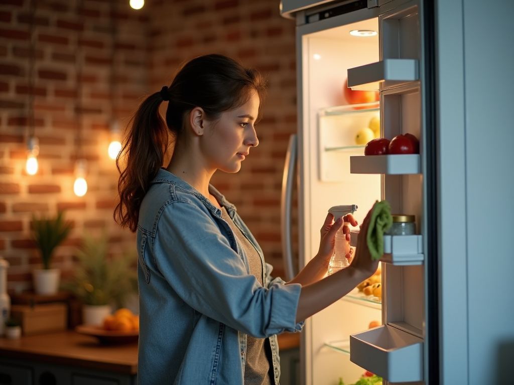 Woman looking at jar next to open fridge in brick-walled kitchen.