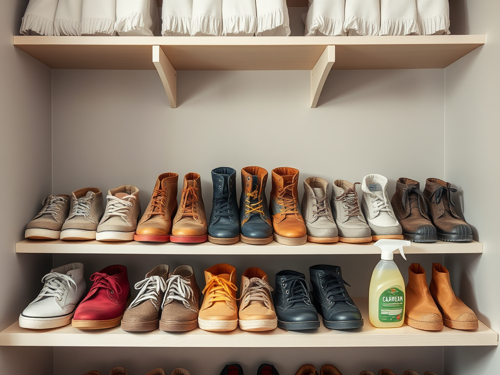 A neatly organized shoe shelf displays various styles of shoes and a bottle of cleaning spray.