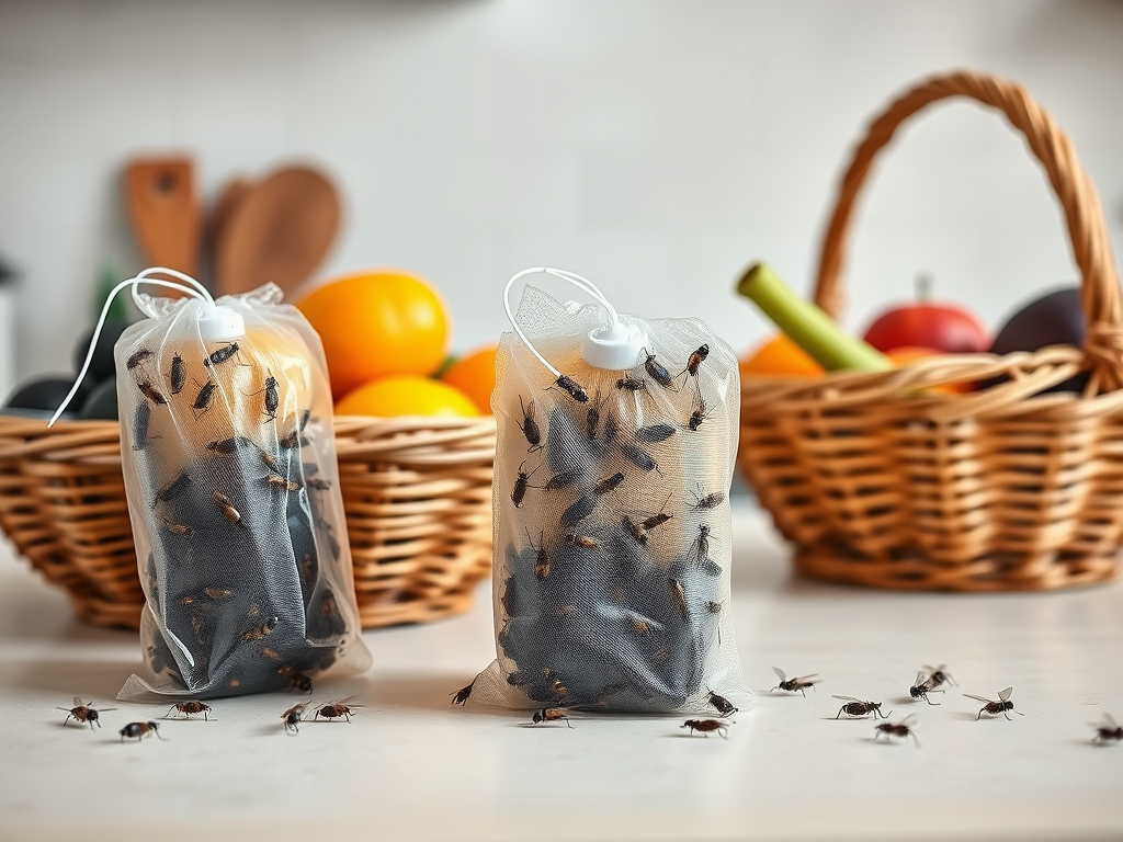 Two clear bags filled with small insects sit on a kitchen counter, surrounded by a basket of colorful fruits.