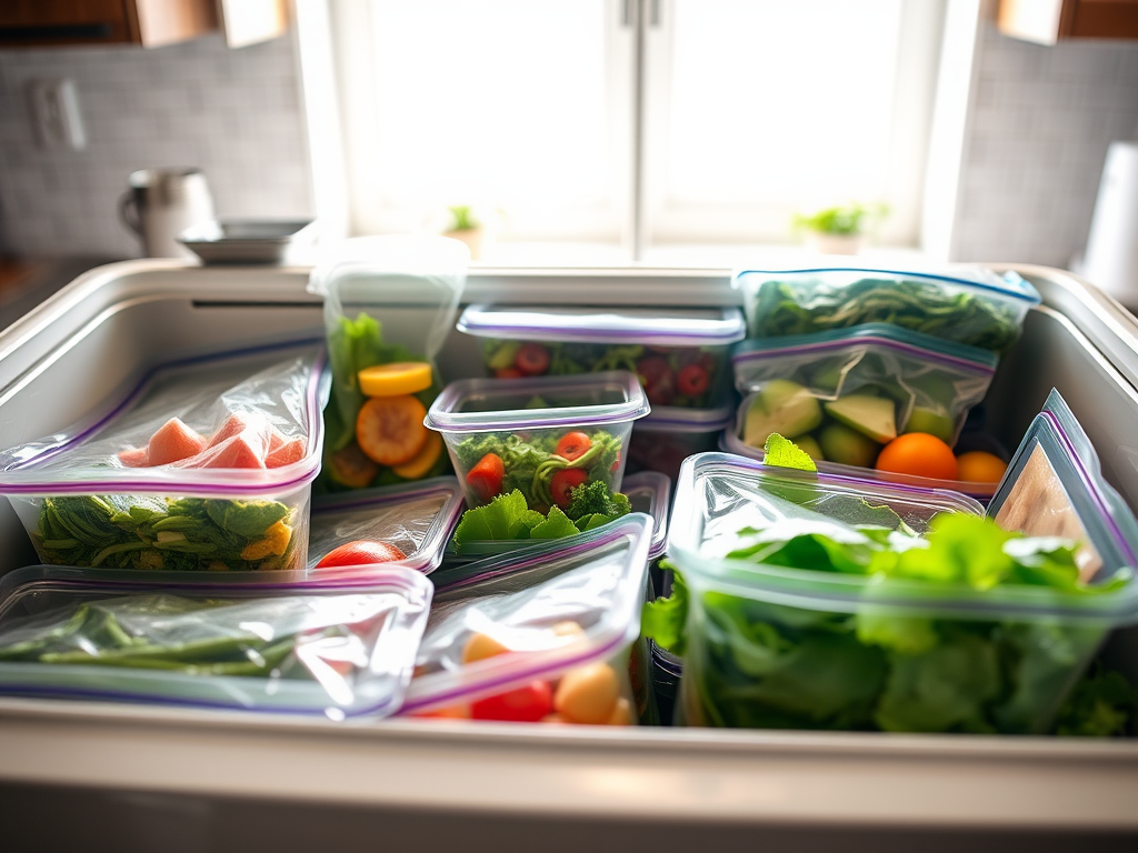 A variety of fresh vegetables and fruits stored in clear containers in a well-organized freezer.