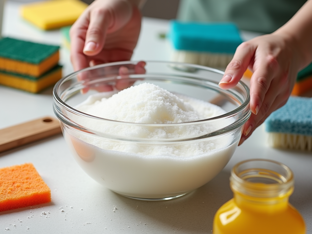 Hands mixing a bowl of white substance, surrounded by cleaning sponges and a wooden brush.