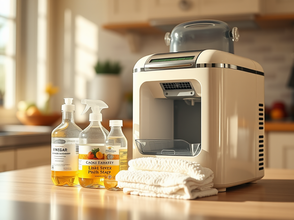 A countertop appliance next to three bottles: vinegar, a cleaning spray, and a liquid soap, with towels nearby.