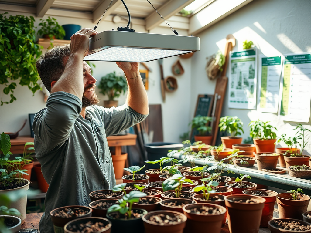 A man adjusts a grow light above potted plants in a bright greenhouse filled with greenery.