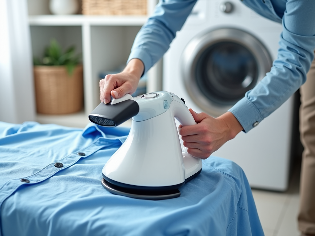 Person using a modern steamer on a blue shirt in a bright laundry room.