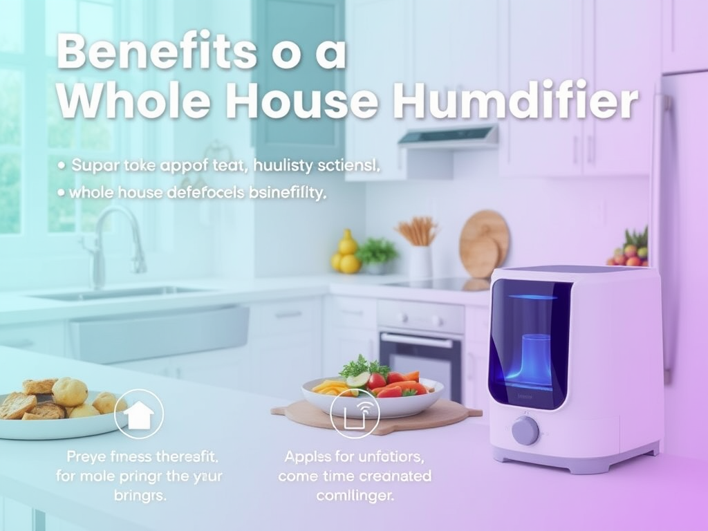 An image of a kitchen featuring a whole house humidifier, with text highlighting its benefits and usage.