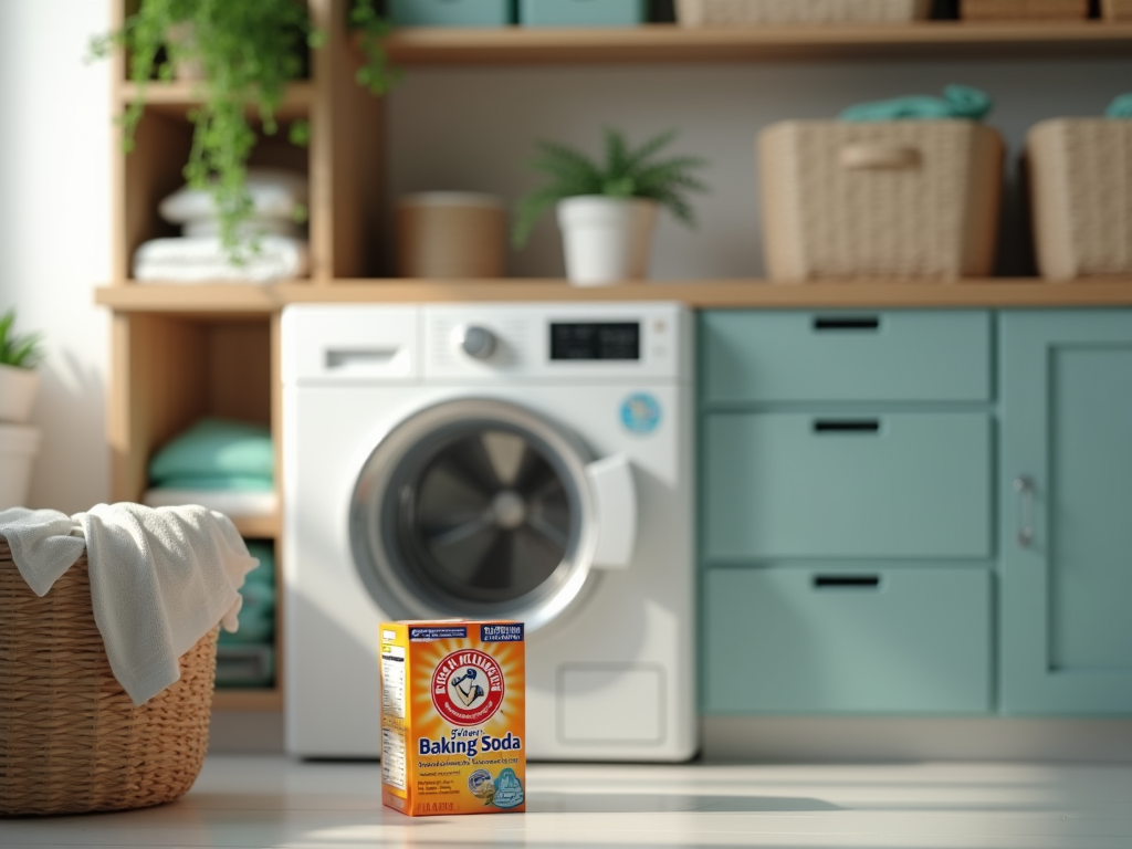 A box of baking soda in front of a modern washing machine in a sunny laundry room with plants and baskets.