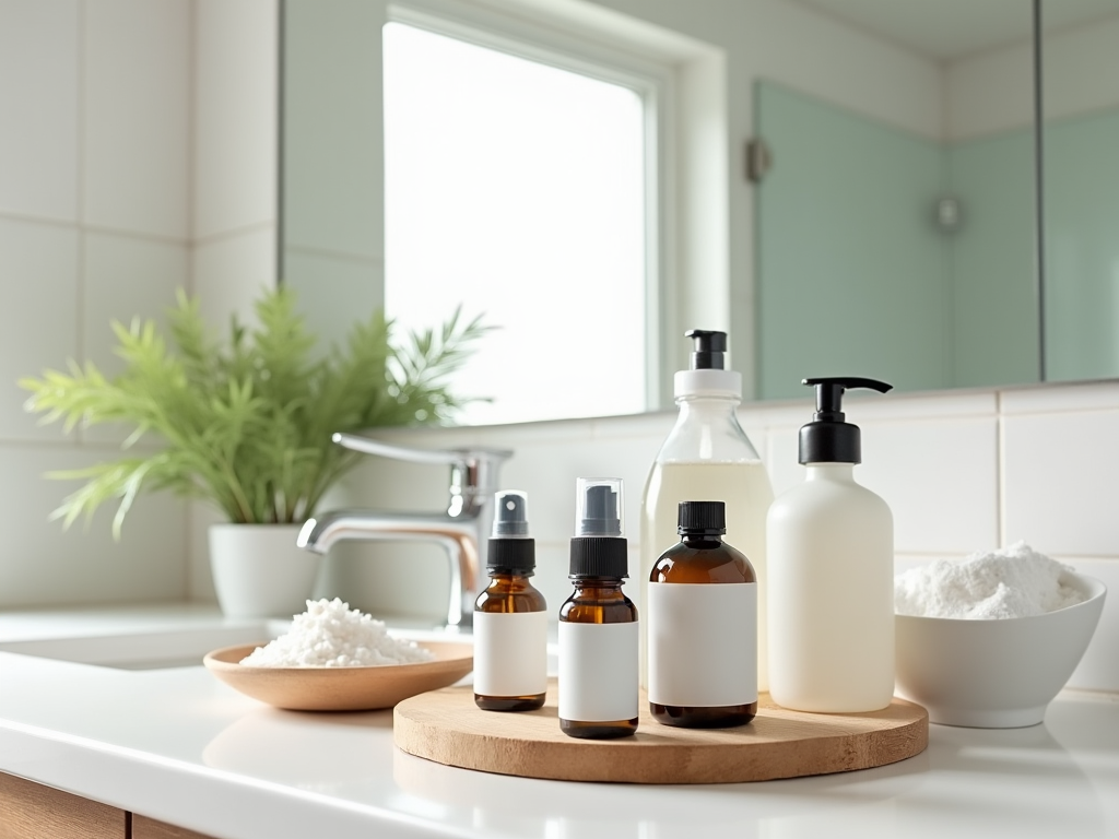 Modern bathroom countertop with skincare products and green plant, emphasizing a clean aesthetic.