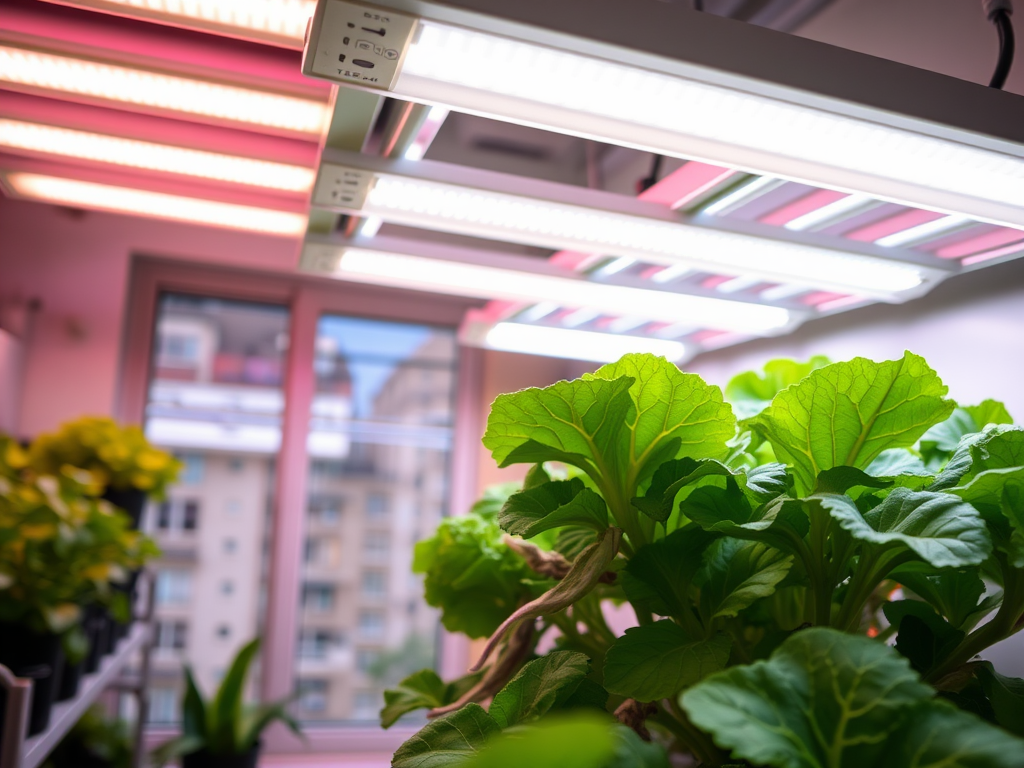 A close-up of vibrant green plants under pink and white LED grow lights, with a city view in the background.