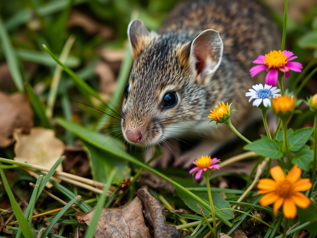 A small, striped rodent peeks through green grass and colorful wildflowers. Leaves are scattered around.