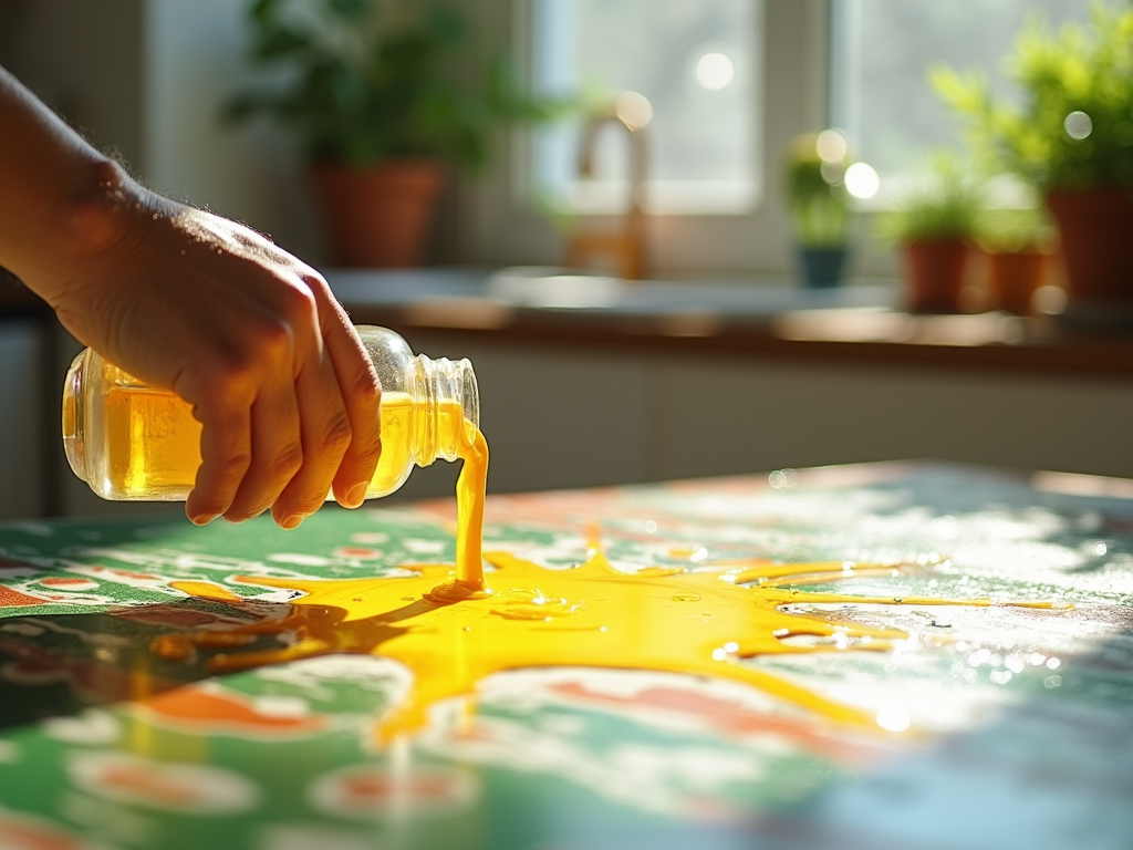 A person spilling orange juice from a bottle onto a colorful table in a sunlit room.