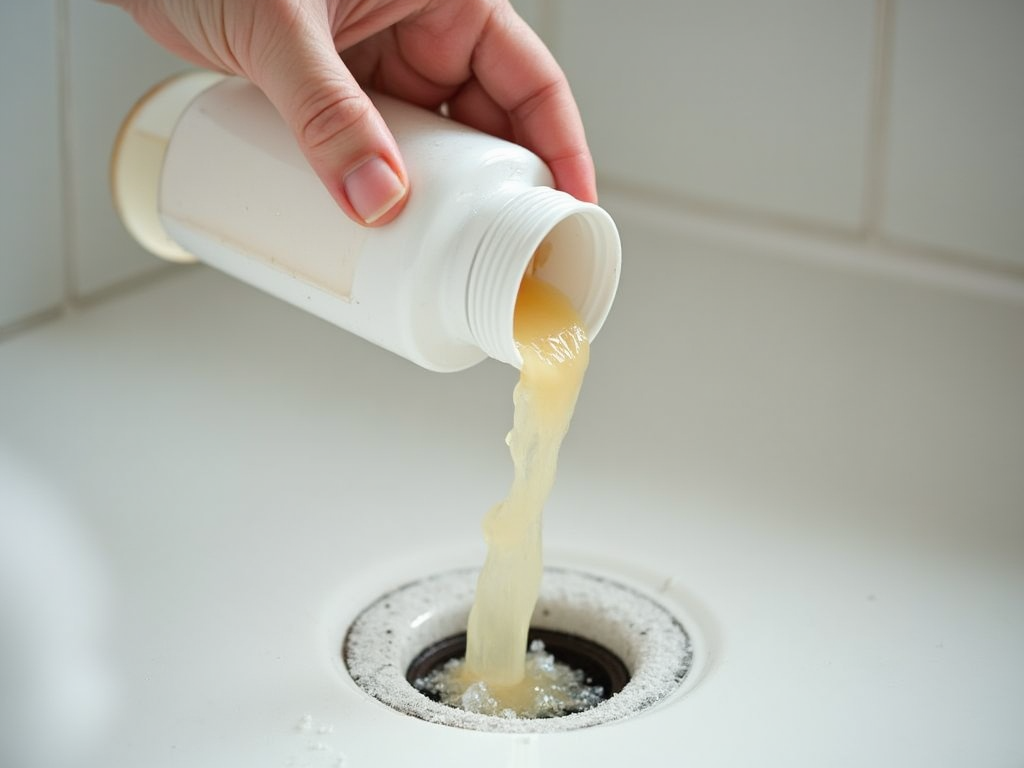 Hand pouring liquid from white bottle into kitchen sink drain.