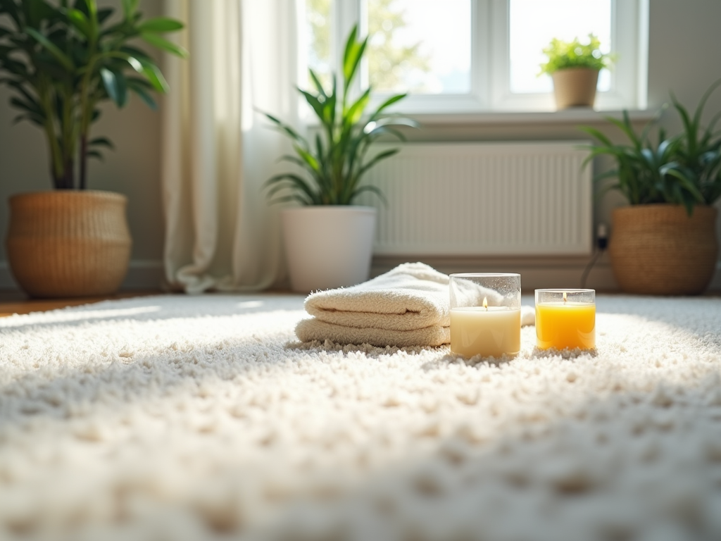 Sunny room with plants, a towel, candles, and juice glasses on a fluffy carpet.