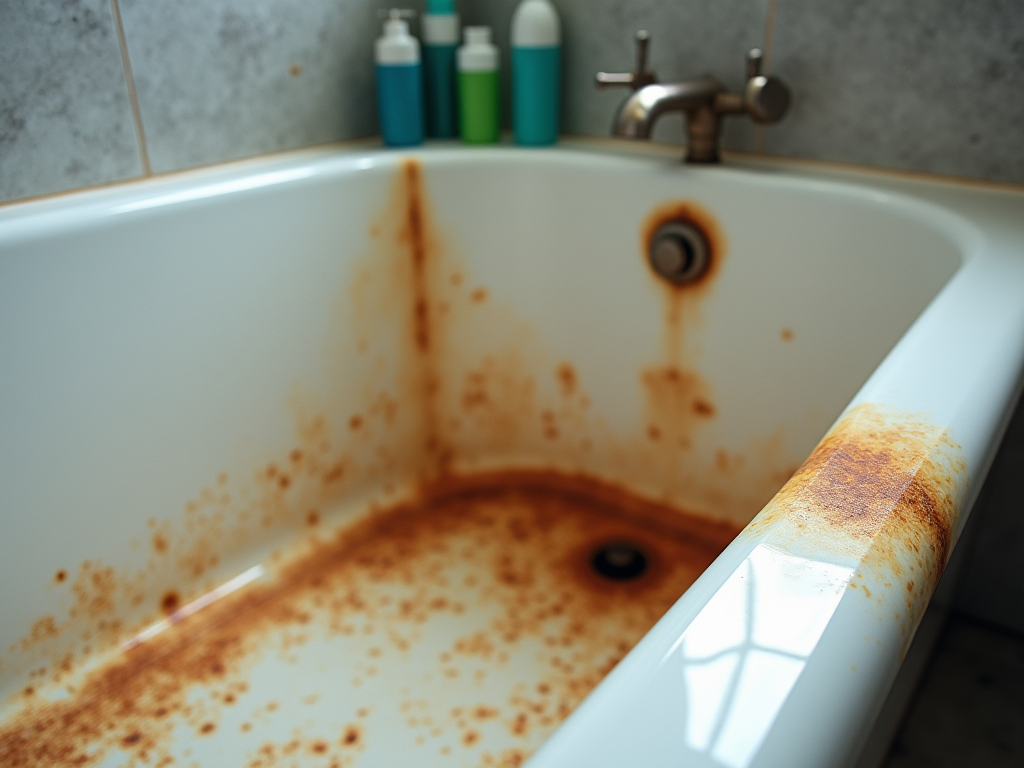 Rusty stains in a bathtub with cosmetic bottles on a tiled shelf, showing a neglected bathroom space.