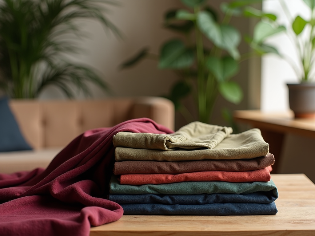 Stack of neatly folded colorful clothes on a wooden table, with indoor plants in background.