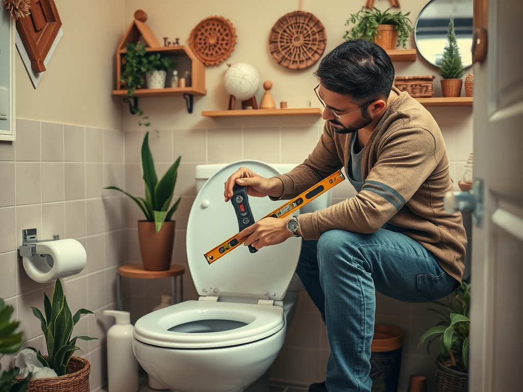 A man is using a level tool while adjusting a toilet in a cozy, plant-filled bathroom.