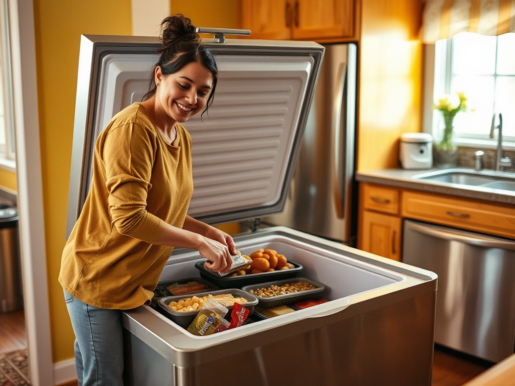 A smiling woman organizing food containers in a spacious, well-lit kitchen with wooden cabinets.