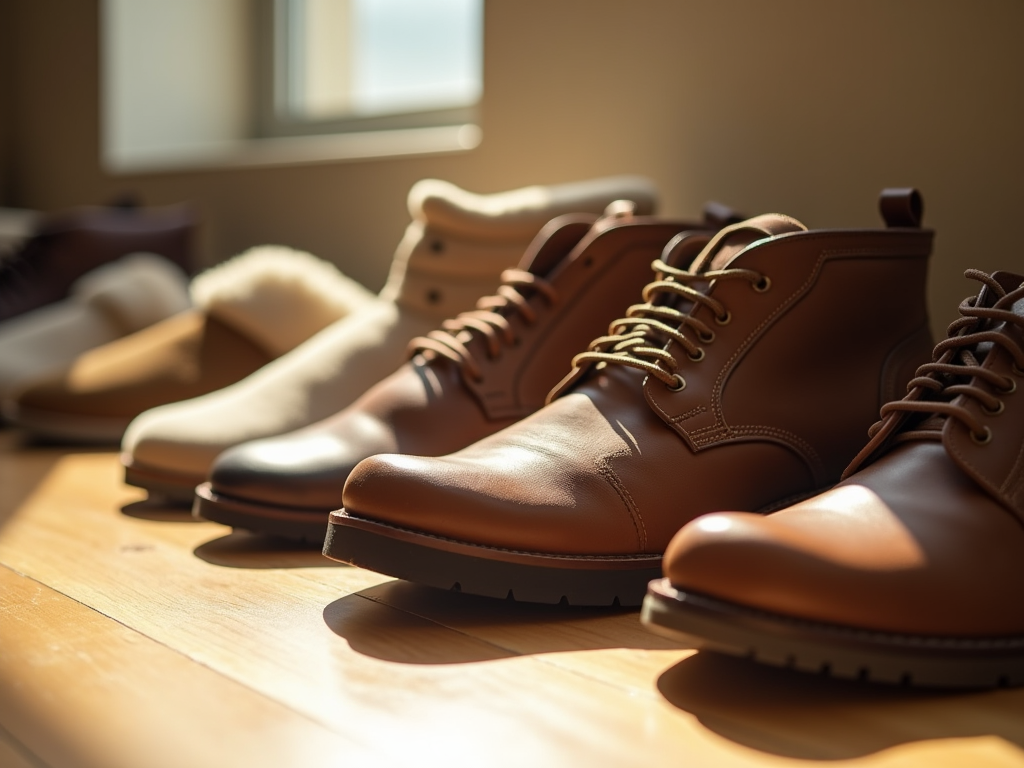 Row of assorted leather boots bathed in sunlight on a wooden floor.