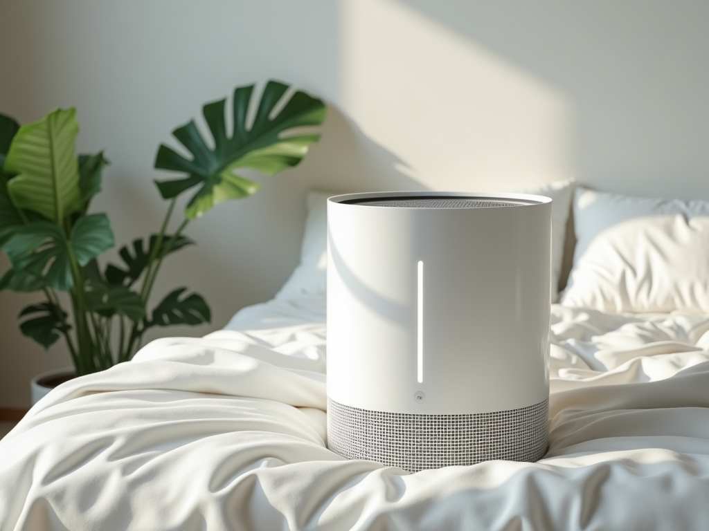 White smart speaker on a bed with crumpled sheets, near a tropical plant in a sunny room.