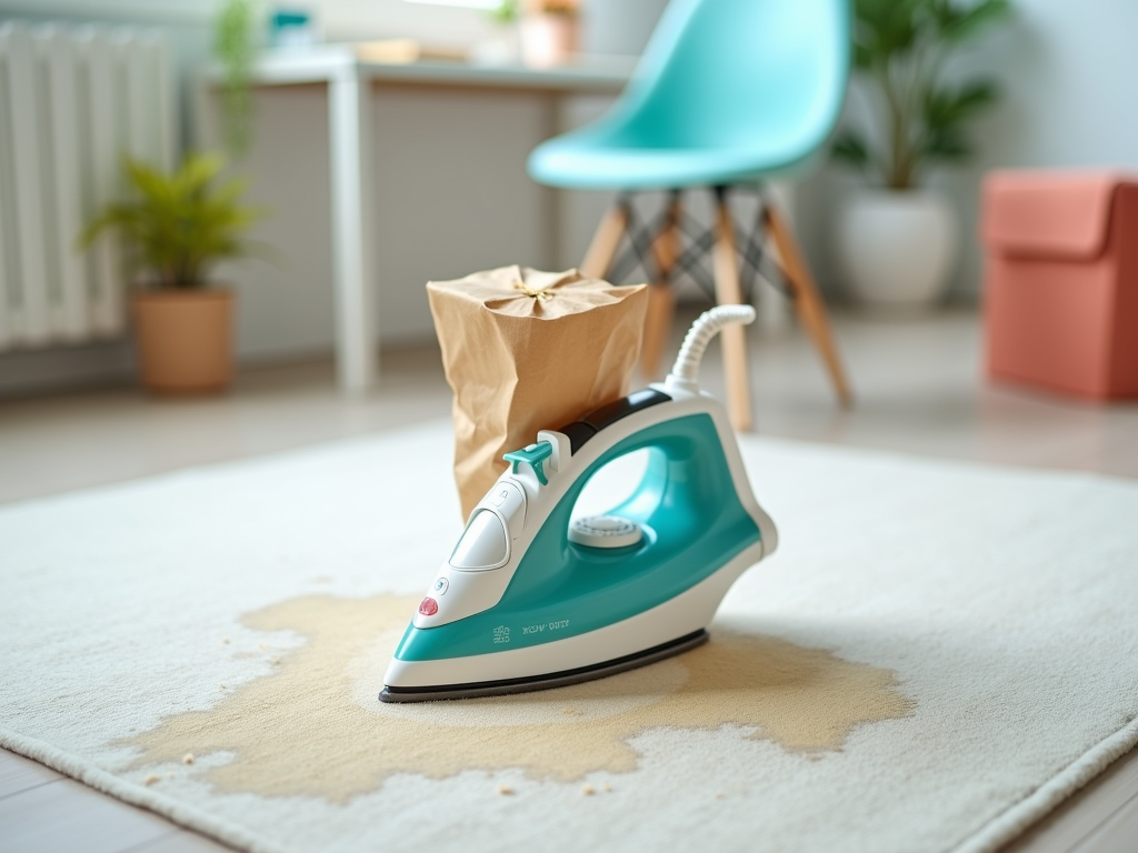 A teal steam iron left on a carpet with a visible brown stain, nearby a paper bag in a bright modern room.