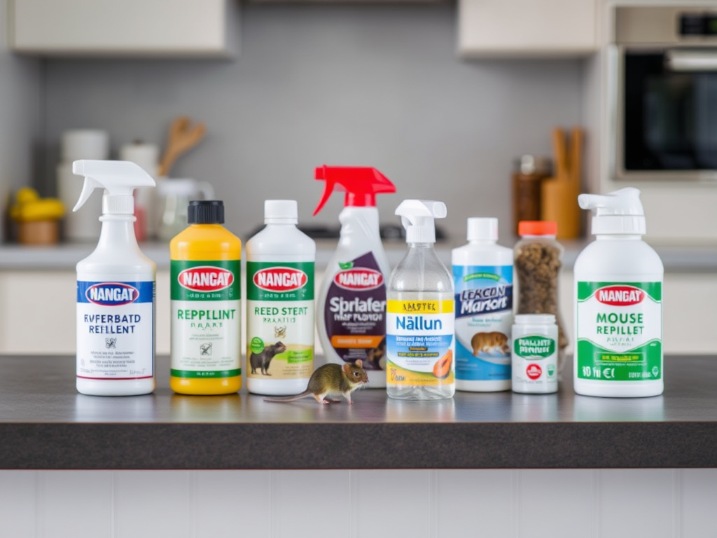 A variety of pest control products displayed on a kitchen countertop, including repellent sprays and traps.