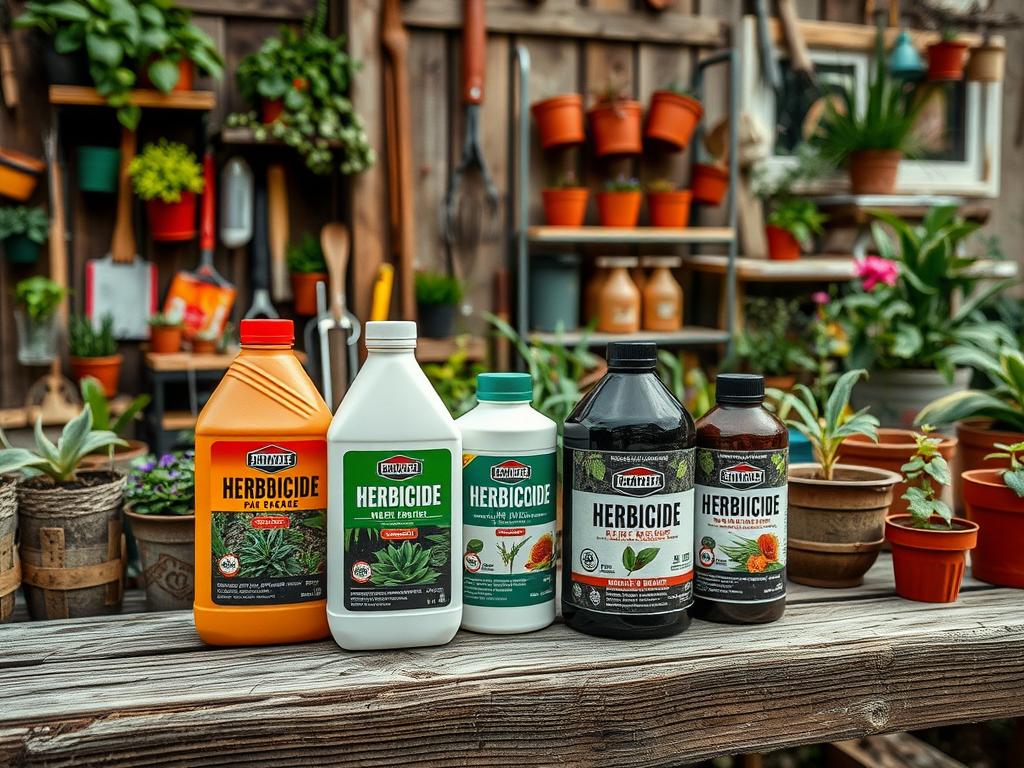 A variety of herbicide bottles displayed on a wooden table, surrounded by potted plants in a garden setting.