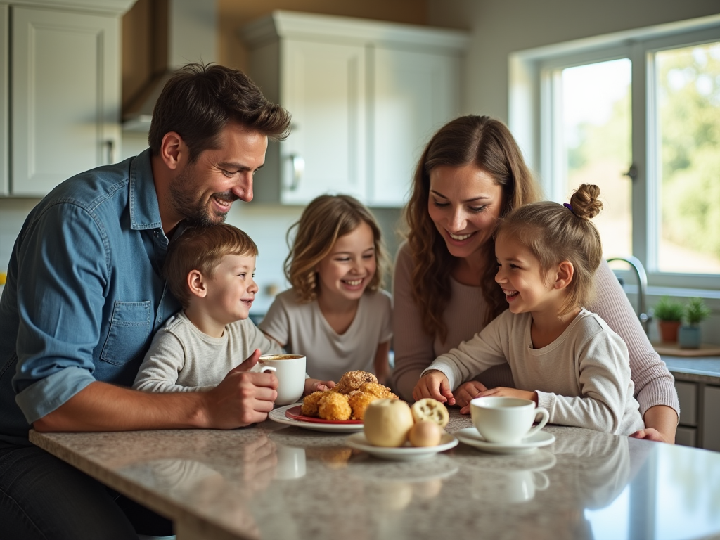 A family of five enjoying breakfast together in a sunlit kitchen.