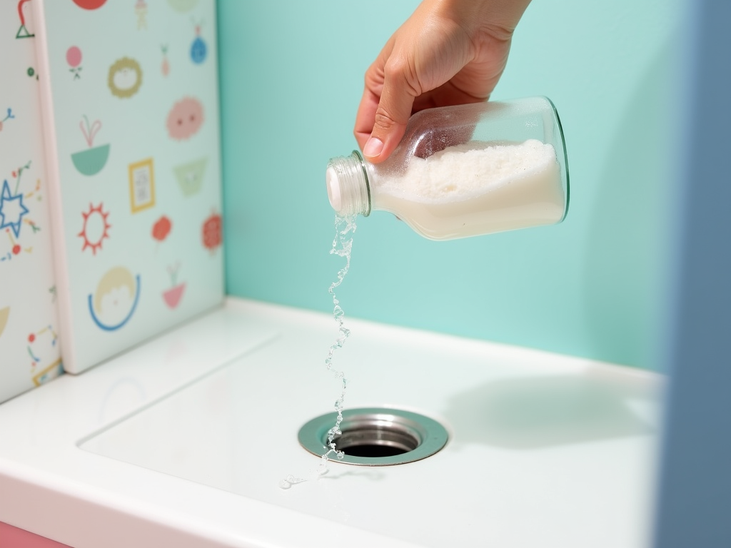 Hand pouring white powder from a bottle into a kitchen sink, next to a colorful notebook.