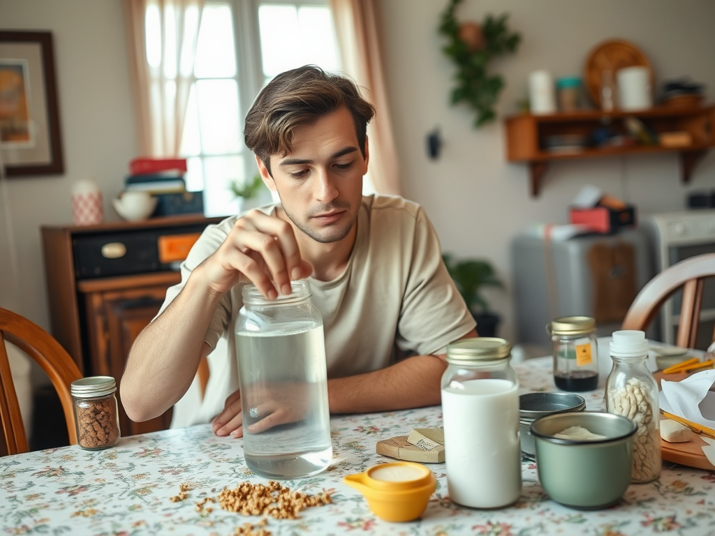 A young man looks thoughtfully at a jar of water on a table filled with various ingredients and containers.