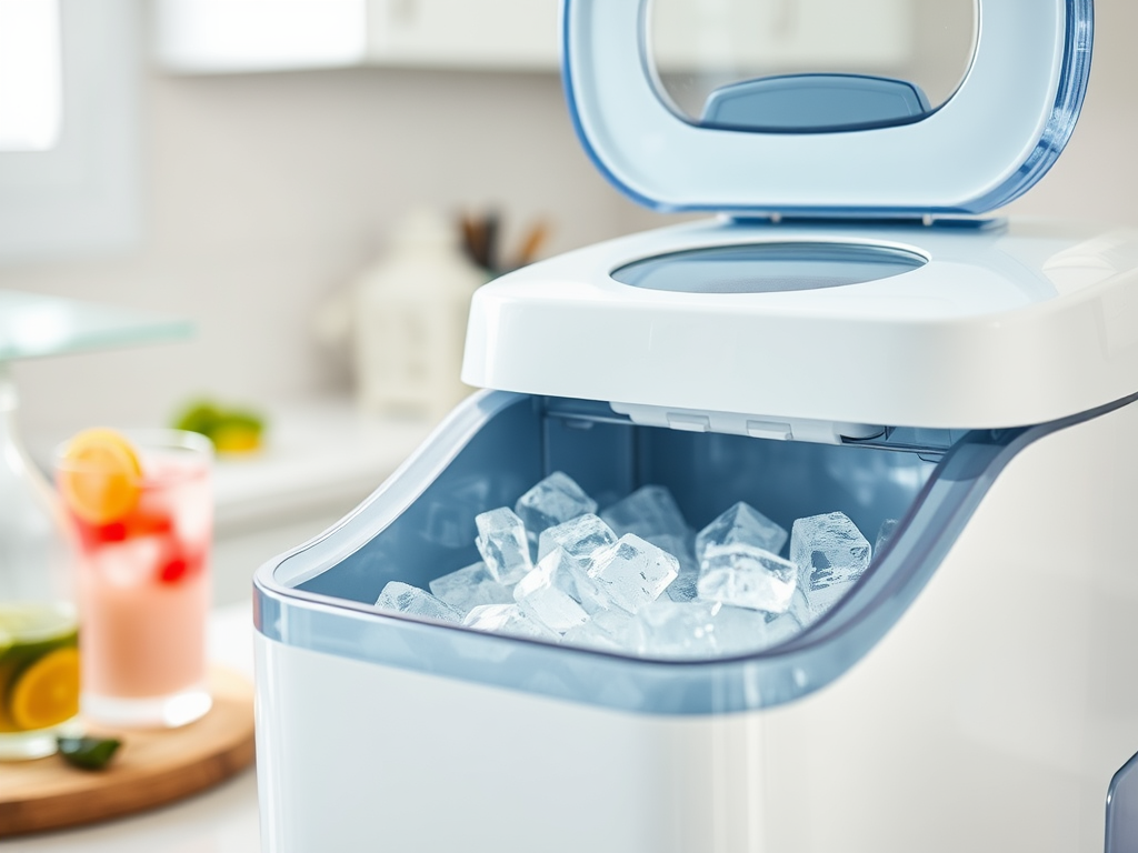 A close-up of an ice maker with clear ice cubes, set in a bright kitchen with a drink in the background.