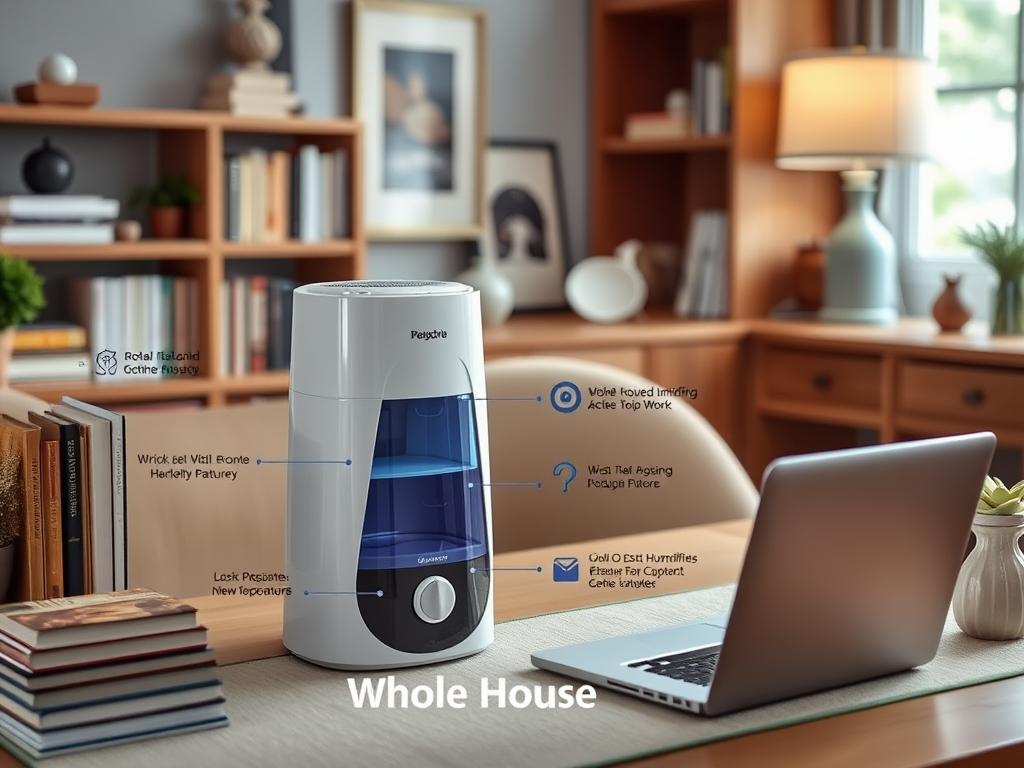 A modern humidifier on a desk, with books and a laptop in a cozy home office setting. Text highlights features.