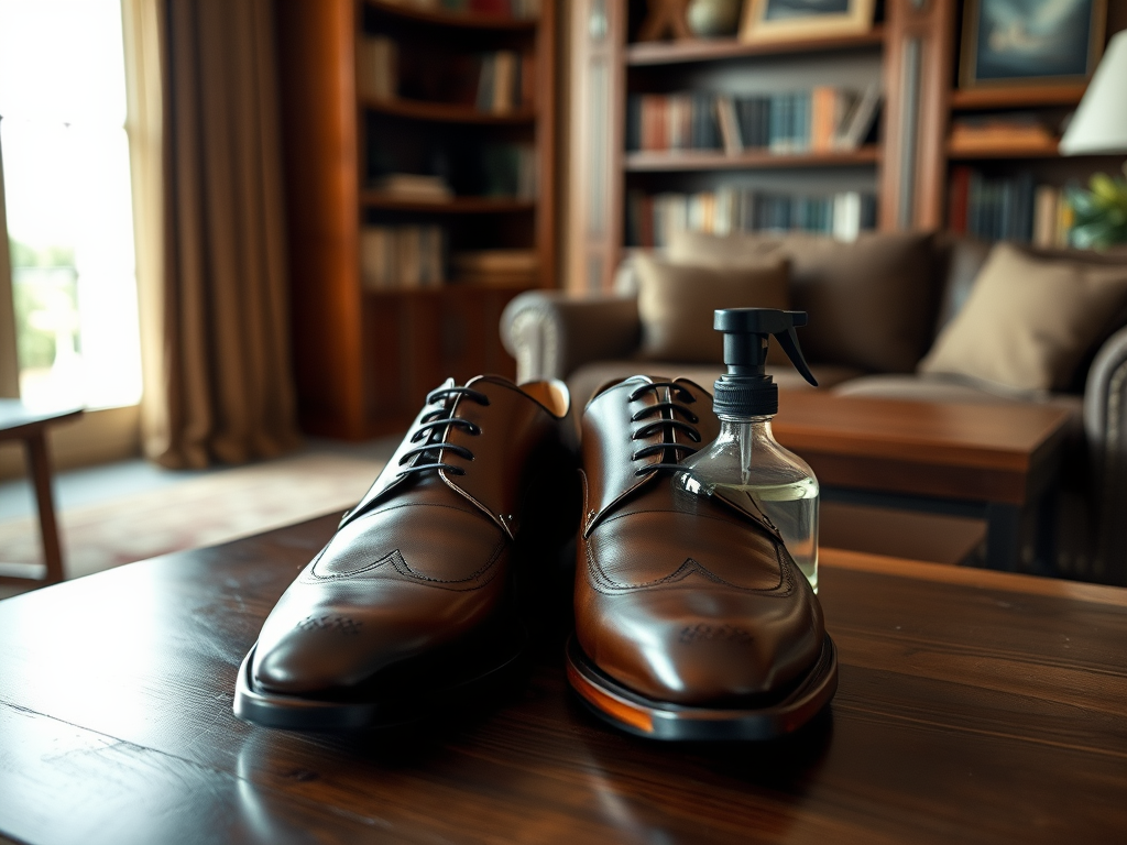 A pair of polished brown dress shoes with a bottle of shoe cleaner on a wooden table in a cozy living room.