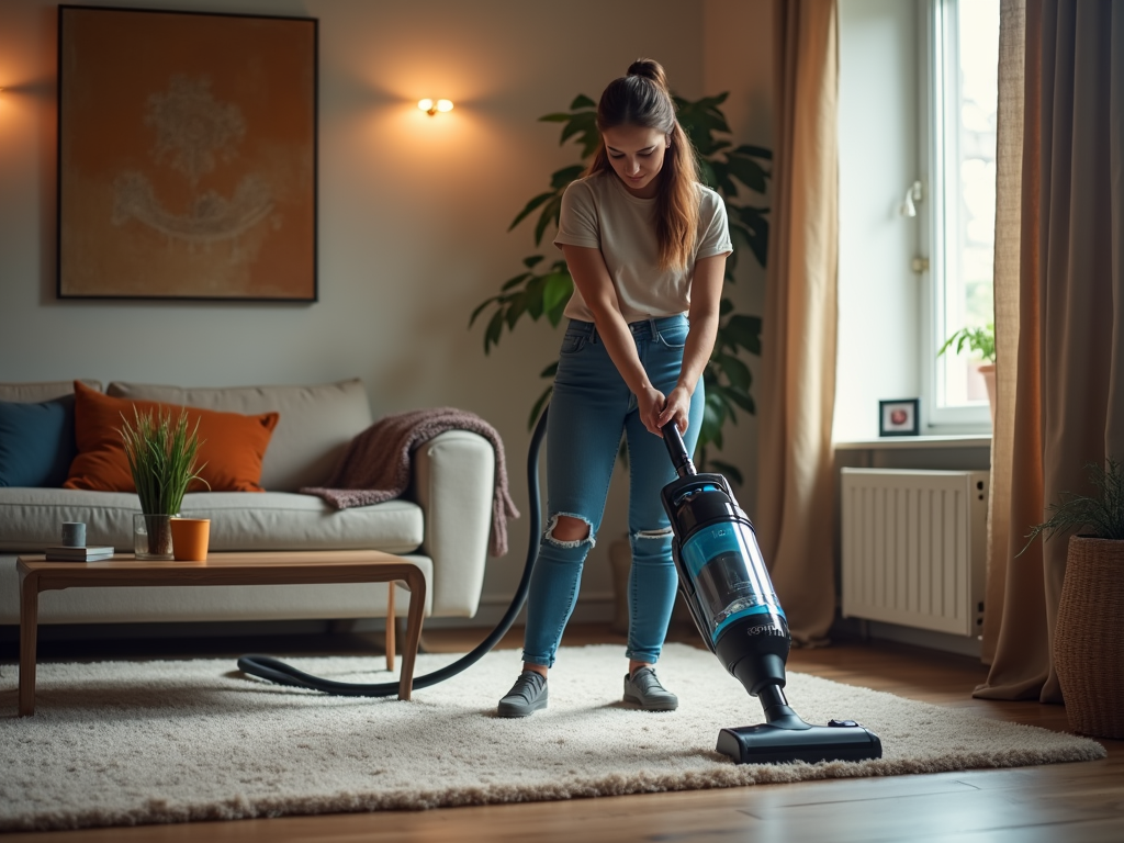 Woman vacuuming the living room, cozy home setting with stylish decor.