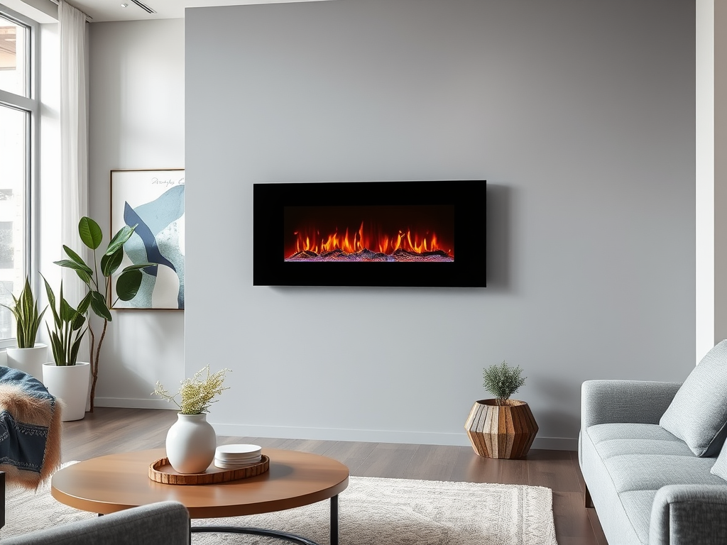 A modern living room featuring a wall-mounted electric fireplace, plants, and stylish furniture.