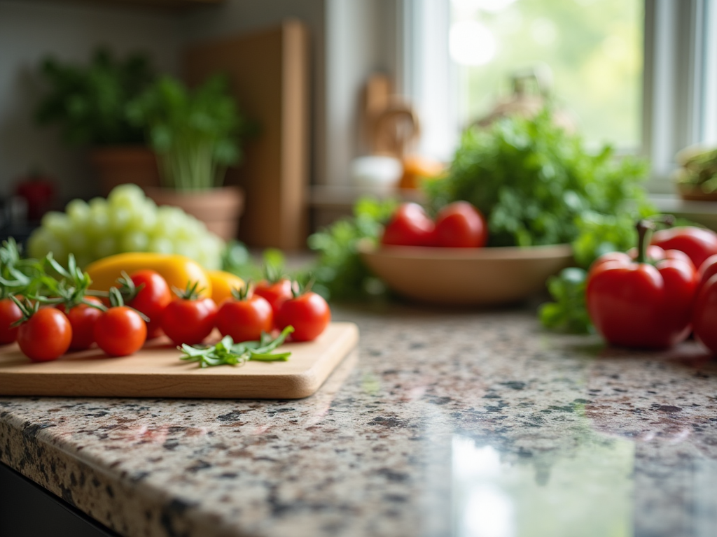 Fresh tomatoes with rosemary on a cutting board, various greens in the background.