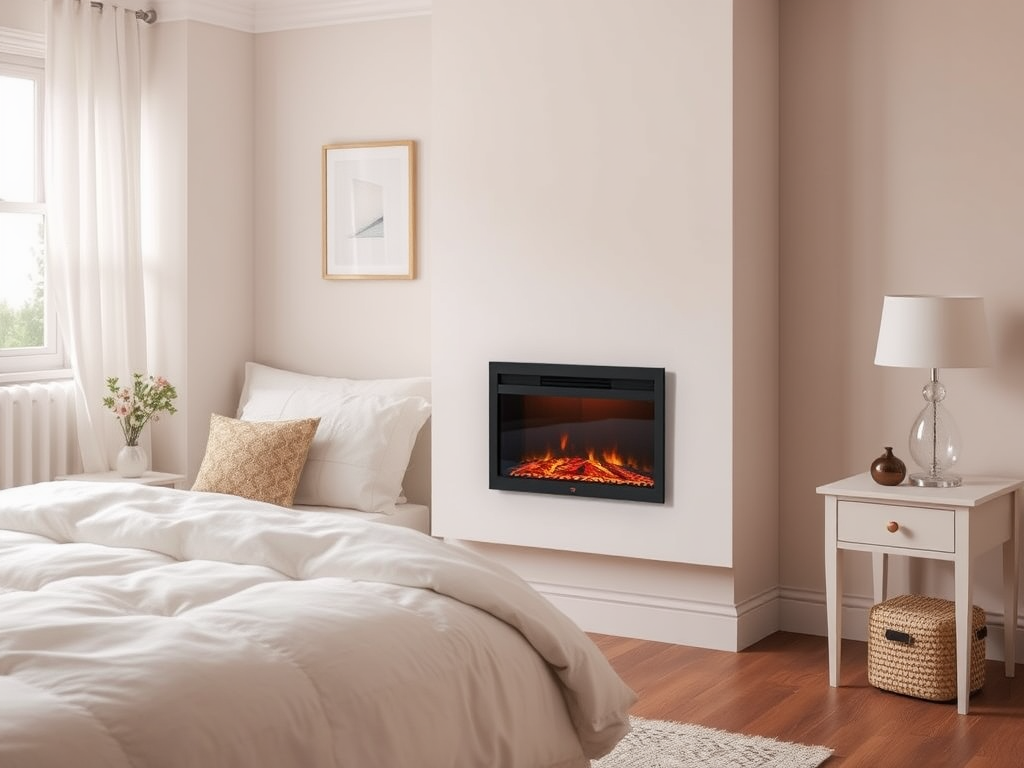 A cozy bedroom with a white bed, a modern electric fireplace, and subtle decor in warm tones.