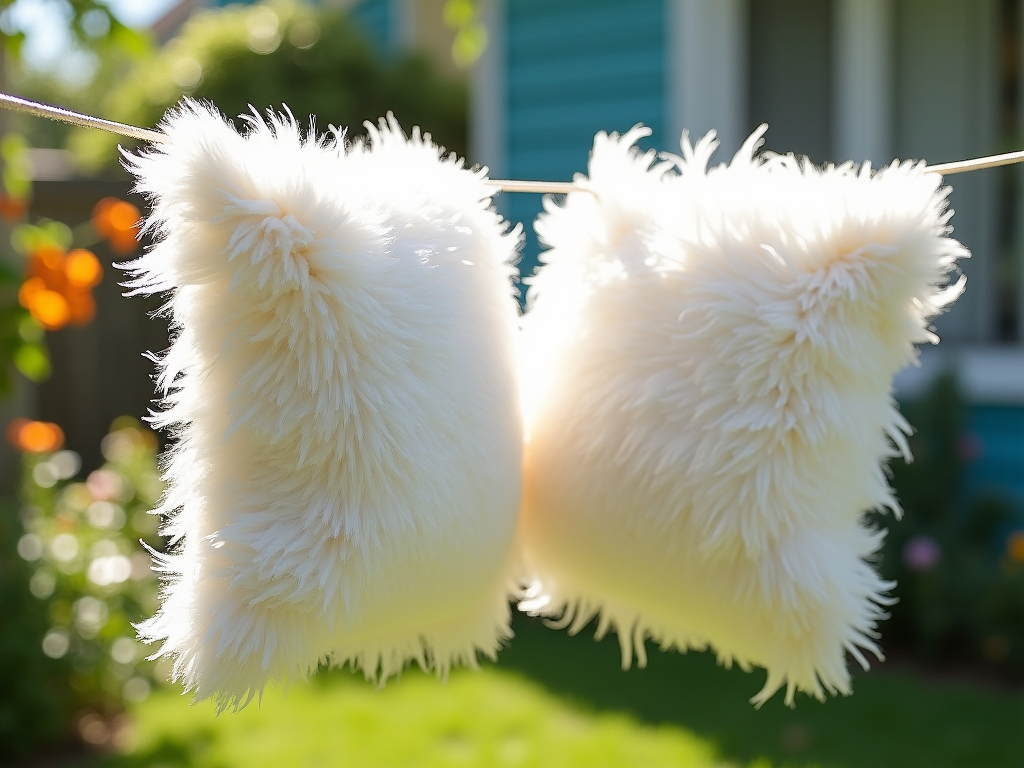 Two fluffy white pillows hanging on a clothesline in a sunny garden.