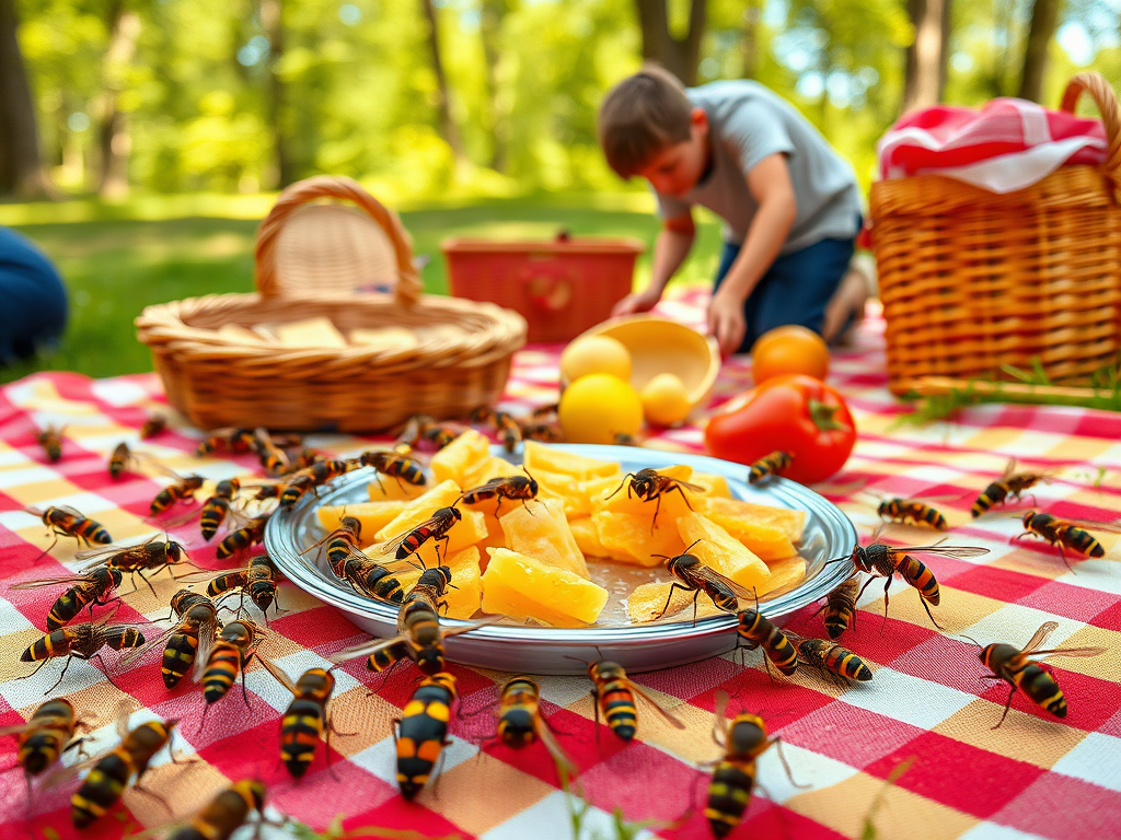A picnic scene with a plate of cheese surrounded by bees, while a child plays in the background on a checkered blanket.