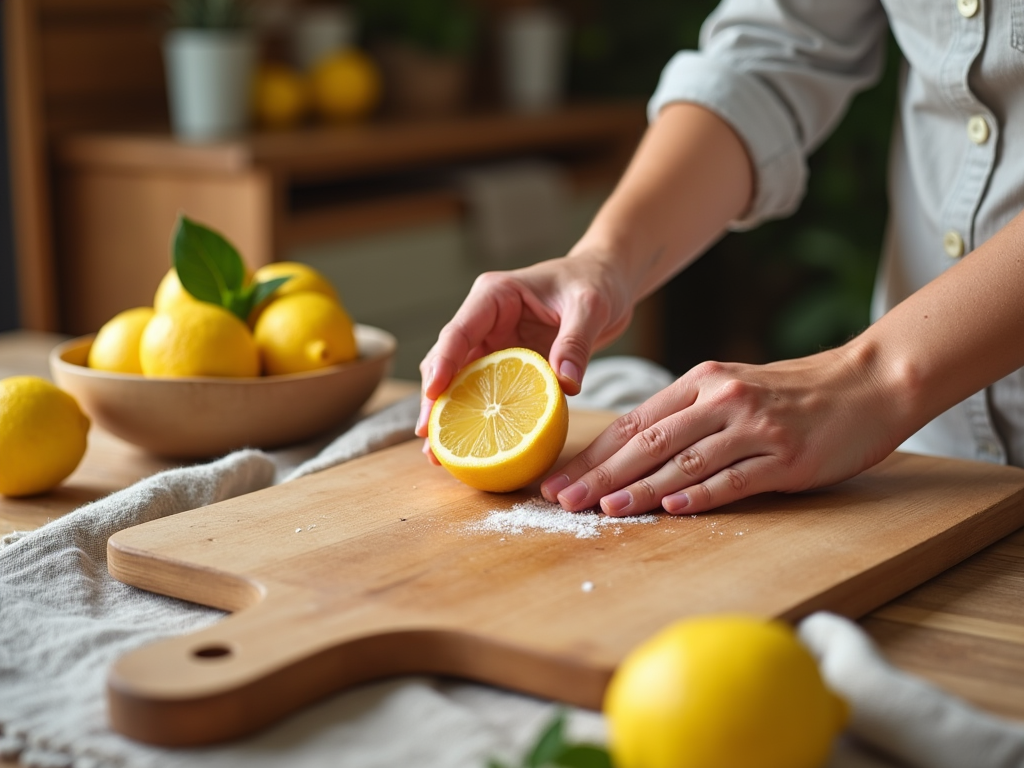 Person slicing a lemon on a wooden board, with a bowl of lemons in the background.