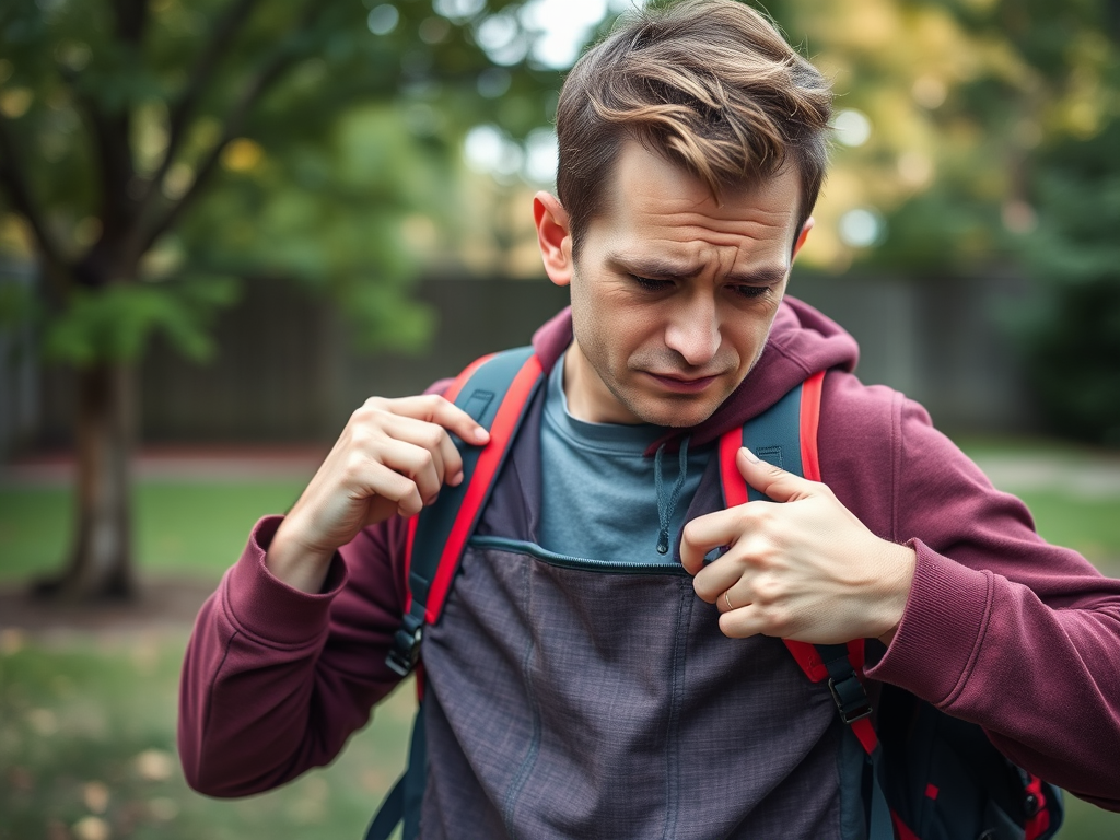 A young man adjusts his backpack straps, looking concerned in a park with greenery in the background.