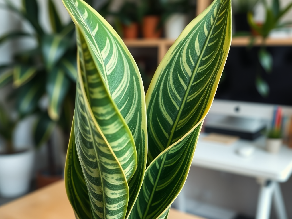 A close-up of vibrant green leaves with striped patterns, set against a blurred background of indoor plants and a desk.