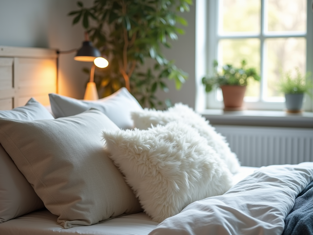 Cozy bedroom corner with fluffy white pillows on a bed, lamp on, and plants by the window.