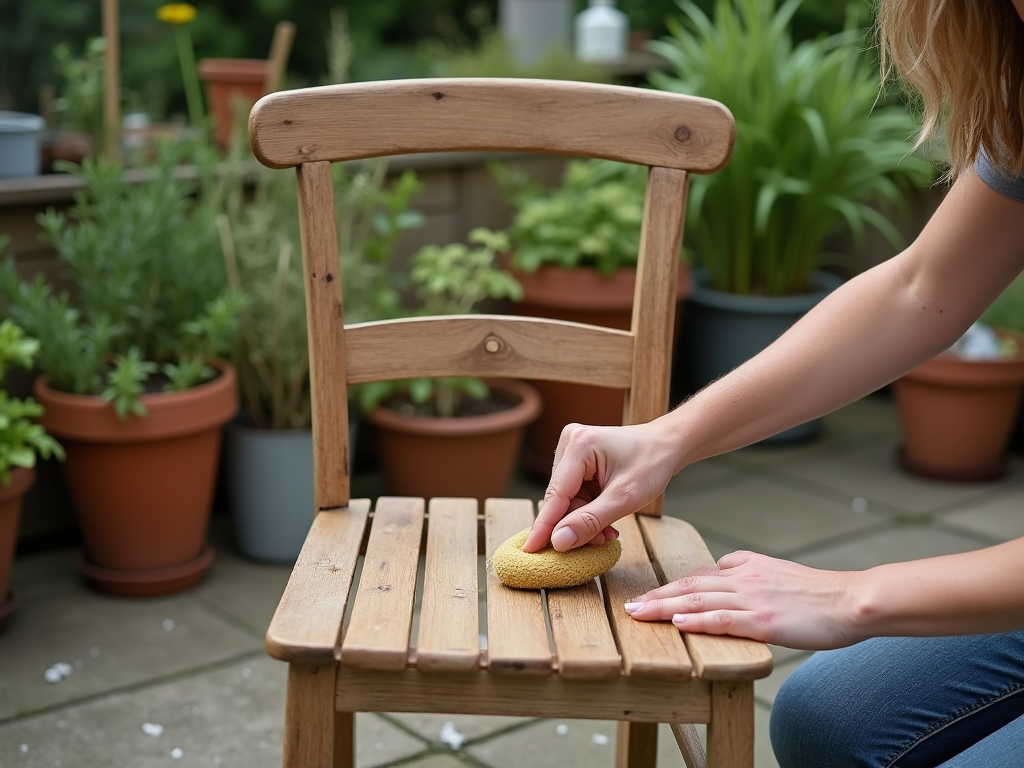 Woman cleaning a wooden chair in a garden full of potted plants.