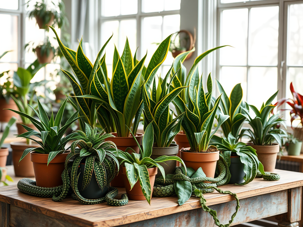 A collection of vibrant potted plants arranged on a wooden table, with sunlight filtering through large windows.