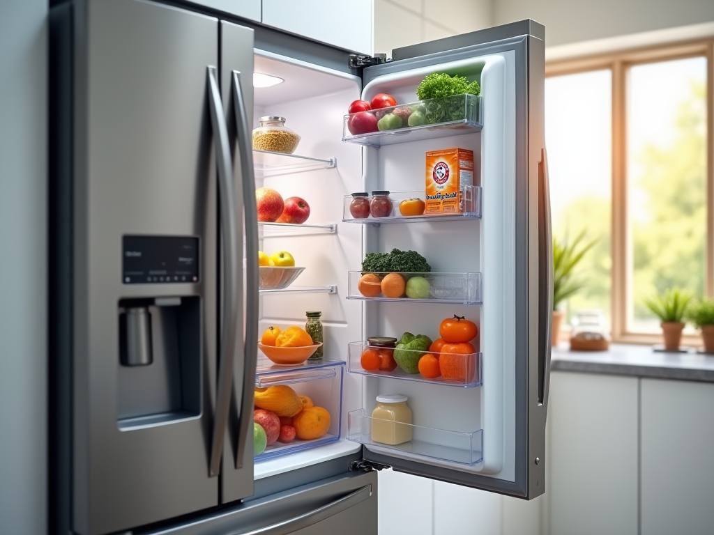 Open refrigerator filled with various fresh foods in a bright kitchen setting.